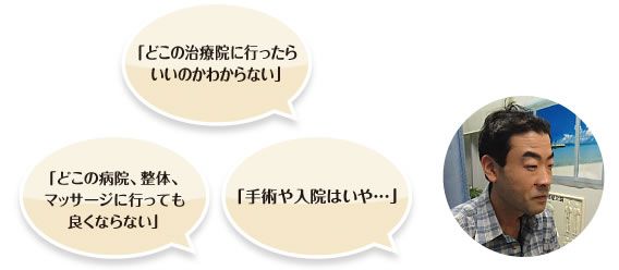 「どこの治療院に行ったらいいのかわからない」「どこの病院、整体、マッサージに行っても良くならない」「手術や入院はいや・・・」